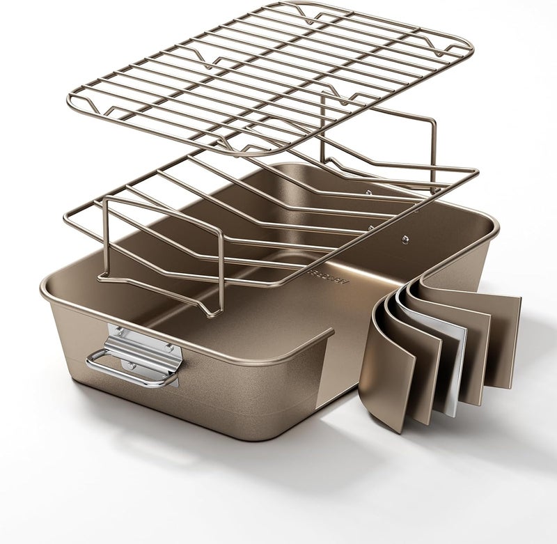 Armorbear Turkey Roasting Pan with Rack Non stick Carbon Steel Roaster 16x11 Inch, Dishwasher Safe, Deep Baking Broiler Pan for Oven Chicken, Bacon, Golden - Image 1